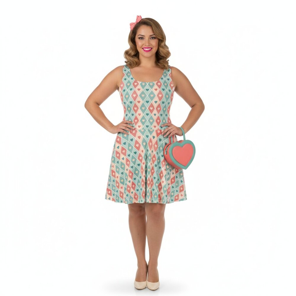 Vintage Pinup Heart Fit & Flare Dress Valentine's Day A-Line Swing - Picture 10 of 14
